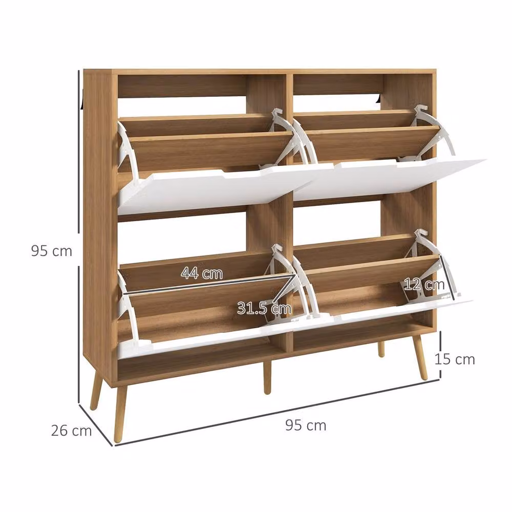 KORVIXA Natural and White Scandinavian Wood Shoe Storage Cabinet with 4 Tilting Compartments, Width: 100 cm – 2