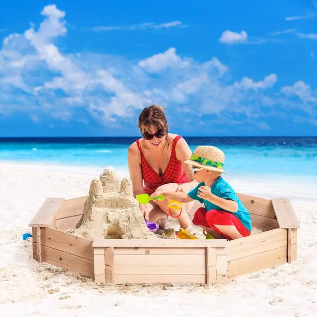 Outsunny Kids Wooden Sand Pit with Cover in Natural Brown, W/D/H: 139.5 x 139.5 x 21.5 cm – 7