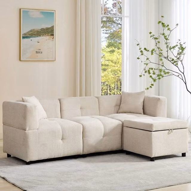 BTM L-Shaped Sectional Sofa in Beige with Removable Storage Ottoman and Sleeping Function