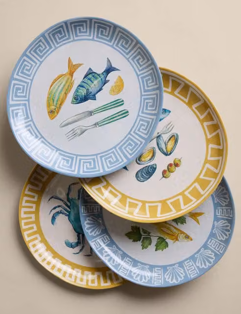 M&S Set of 4 Coastal Icon Geometric Melamine Picnic Side Plates, Multicolour