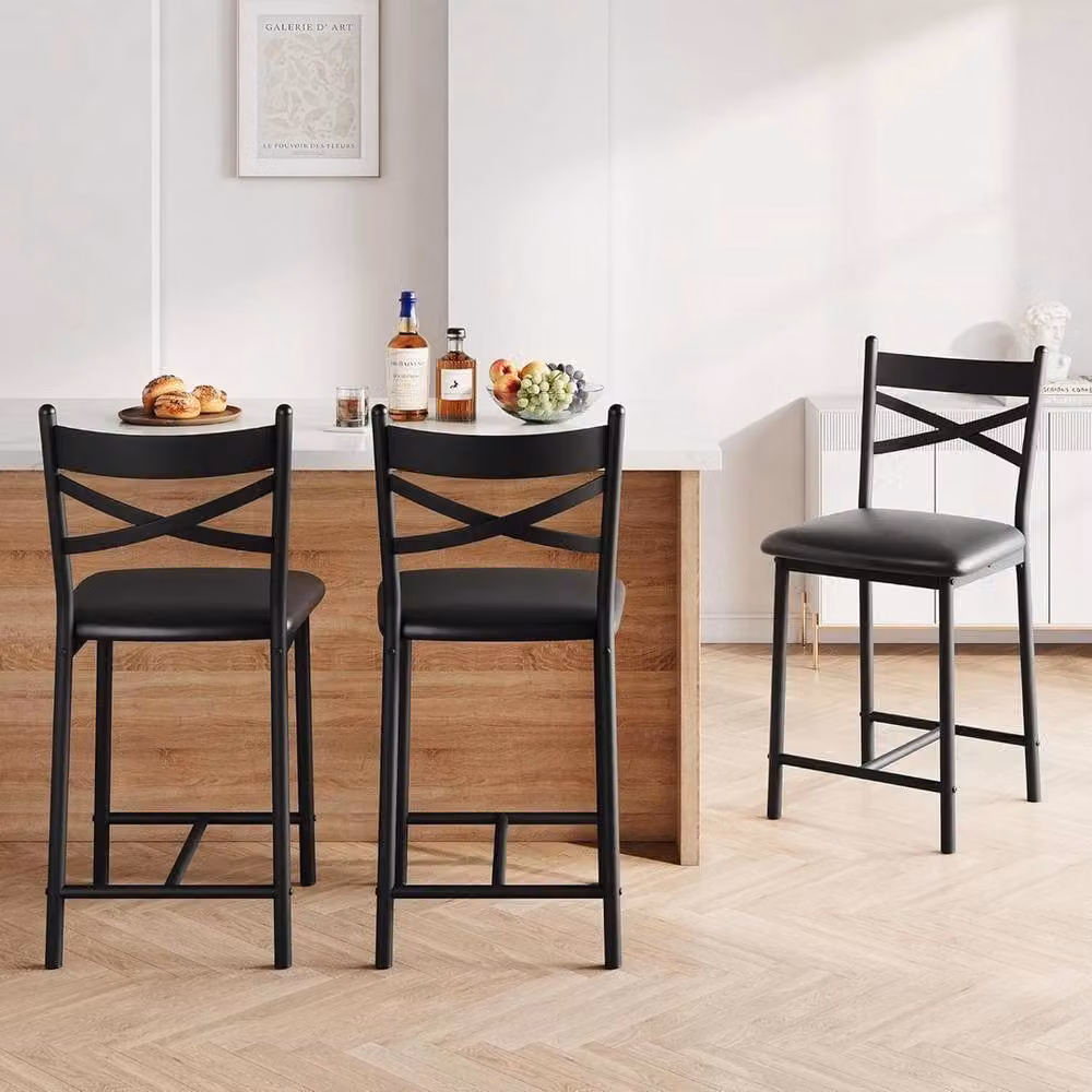 VOGREX Set of 2 Black Synthetic Leather Counter Height Bar Stools with Metal Legs – 4