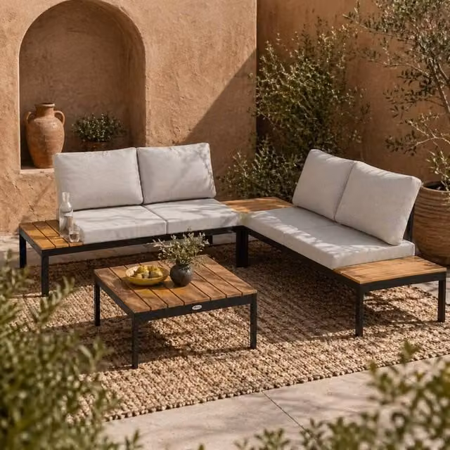 Wyld Haus Matuki Teak Wood 4 Seater Modular Garden Corner Sofa Set with 2 Coffee Tables in Grey and Black
