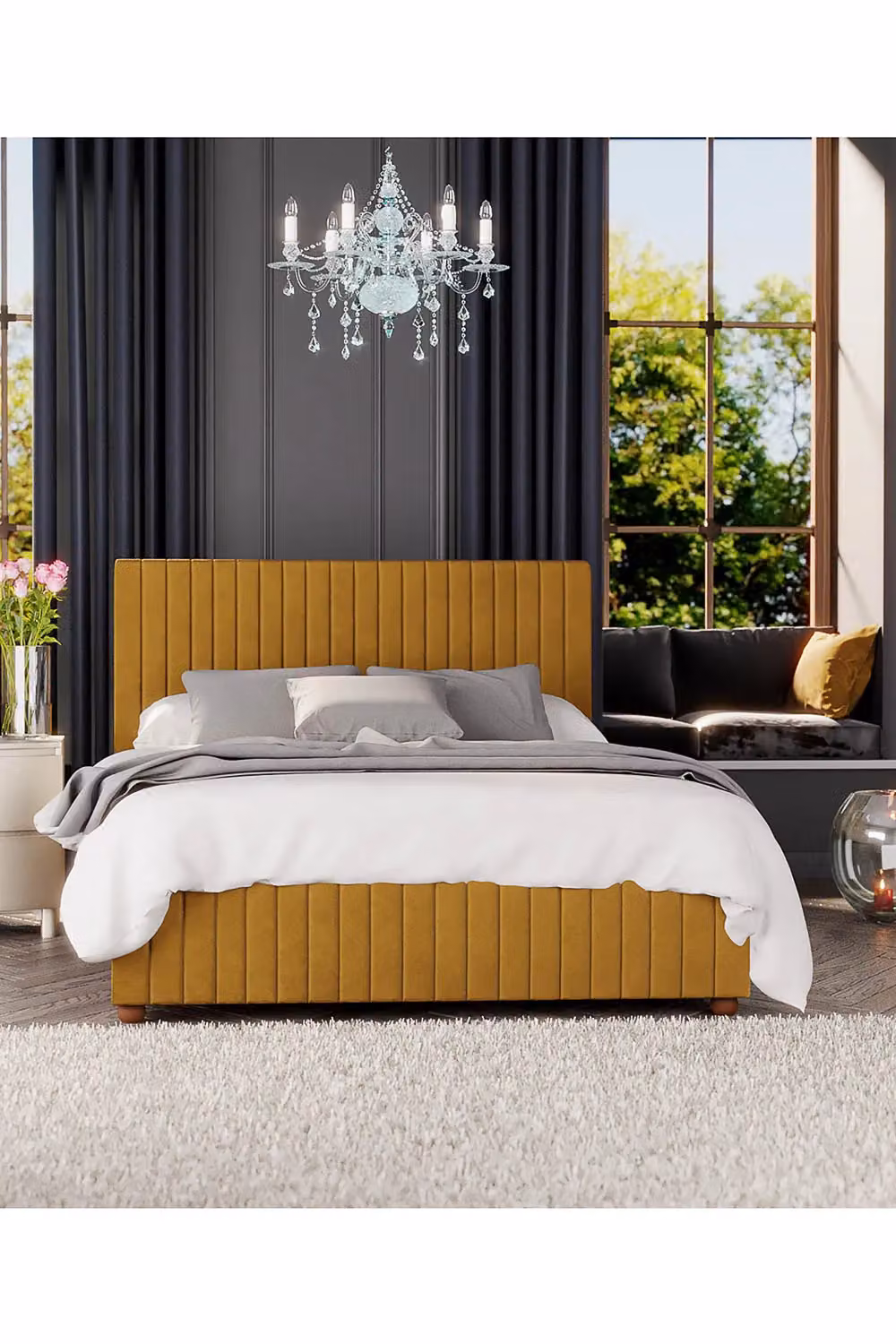 Laurence Llewelyn-Bowen Estella Ottoman Storage Bed in Yellow Plush Velvet Fabric, Size: Double (W: 140 cm, L: 200 cm) – 4