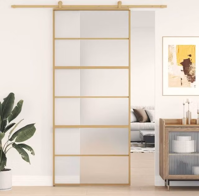 Berkfield Home Modern Sliding Door in Gold with Frosted ESG Glass and Aluminium, W: 90 cm, H: 205 cm