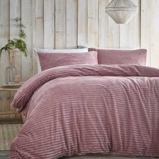 Portfolio Home Alaska Striped Ribbed Fleece Duvet Cover Set in Pink and Silver