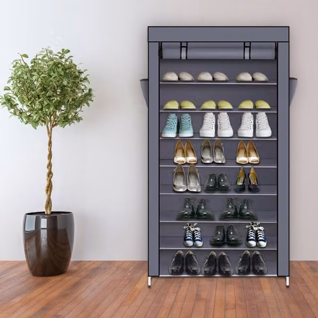 B Living 9 Tier Freestanding Metal Shoe Rack Storage Unit in Grey