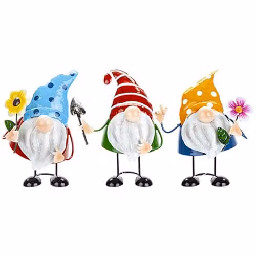Assorted Vibrant Metal Gonk Garden Ornaments in Blue, Red, Yellow and Multicolour, H 18.5 x W 11.5 x D 11 cm