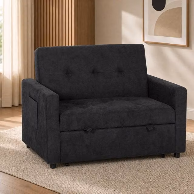 STILVORA Black Upholstered Loveseat Sofa Bed with Solid Wood Frame and Scatter Cushions – 1