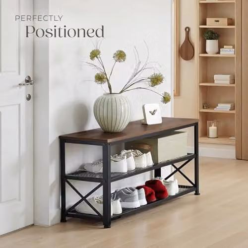 tectake 3-Tier Industrial Shoe Rack with Wood-Look Top Shelf and 2 Grid Shelves, Black W/D/H: 101 x 30.5 x 45.5 cm – 6