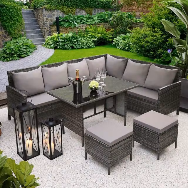 Home Garden Direct Thalia 8 Seater Outdoor Sofa Set with Glass Table in Grey and Beige Rattan