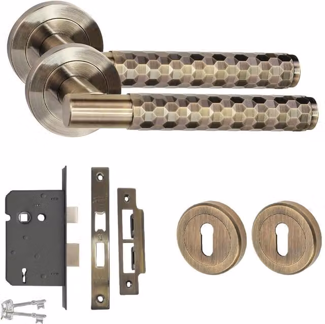 Golden Grace Brass Knurled Hex Cut T-Bar Bathroom Door Handle Set with Mortise Lock and Thumbturn in Gold and Bronze