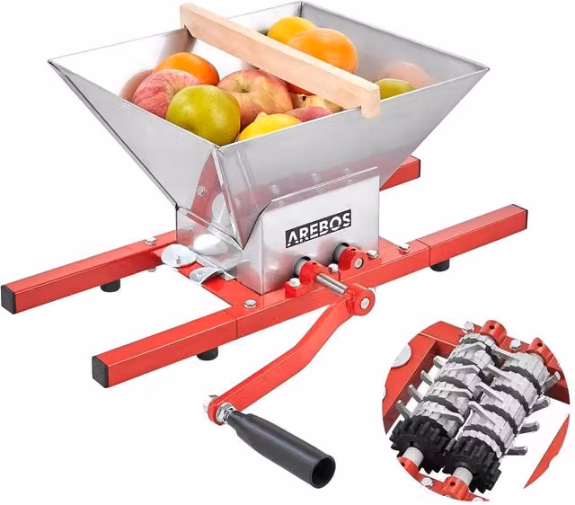 AREBOS 7L Fruit Mill in Silver and Red with Stainless Steel and Cast Aluminium Construction