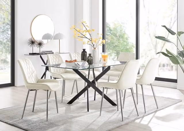 FurnitureboxUK Leonardo Black Leg Glass Dining Table with 6 Pesaro Silver Chairs in Cream
