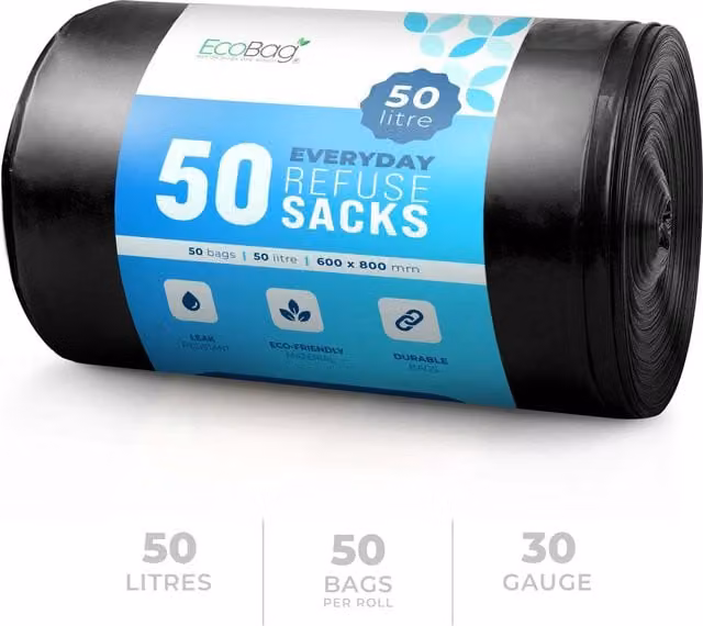 Ecobag Heavy Duty Black Plastic Refuse Sacks, 50L, 50 Pack