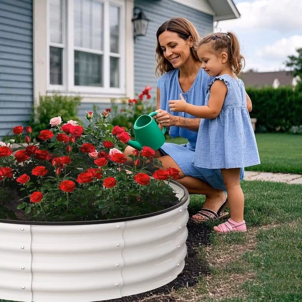 VOGREX 2-Piece Round Galvanised Steel Raised Garden Beds in White, W/D/H: 121.92 x 121.92 x 30.48 cm – 4