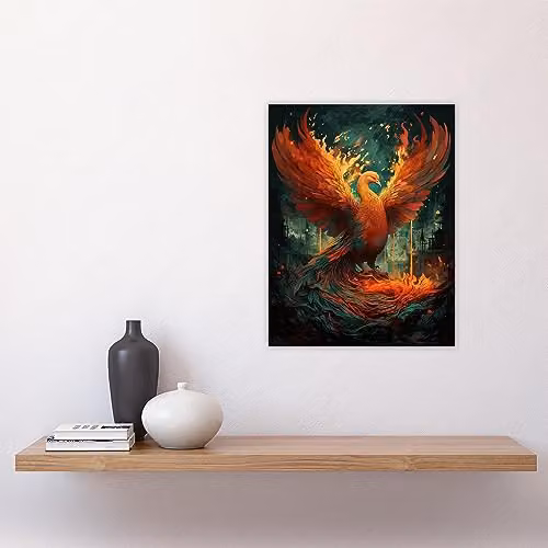 Artery8 Majestic Phoenix Mythical Creature Wall Art Print, Blue, Orange and Red Multicolour Paper Poster – 4