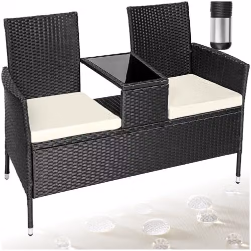 tectake Outdoor Bench with Integrated Table and Cushions in Black and Beige, W/D/H: 133 x 63 x 84 cm