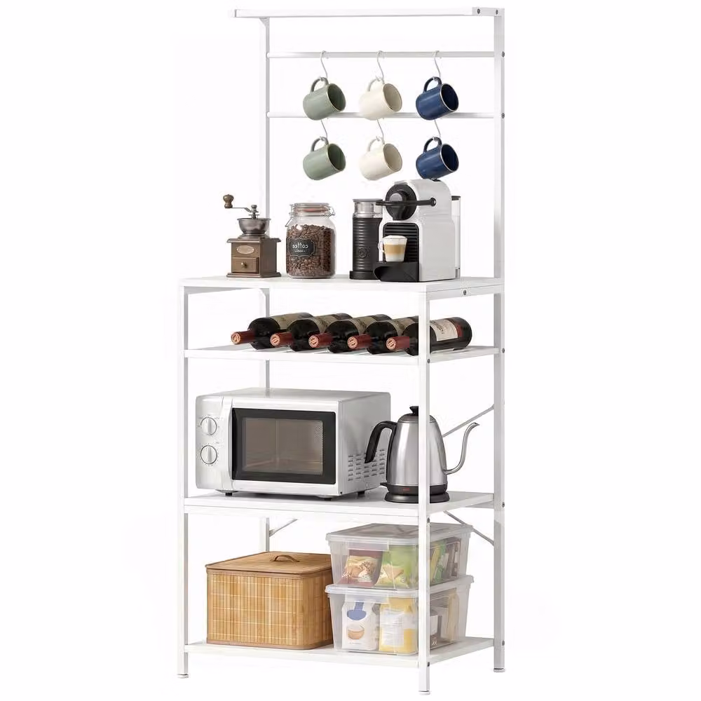 STILVORA Minimalist Freestanding Metal Shelving Unit with Wine Rack and Hooks in Matt White – 3