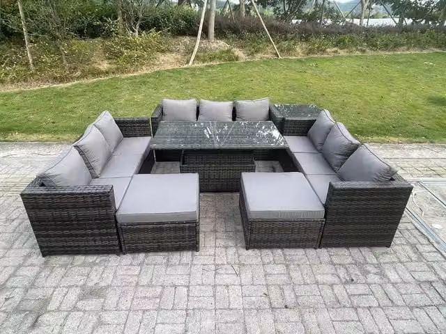 Fimous 11 Seater Outdoor Rattan Garden Furniture Set with Adjustable Rising Lifting Dining Table in Dark Grey