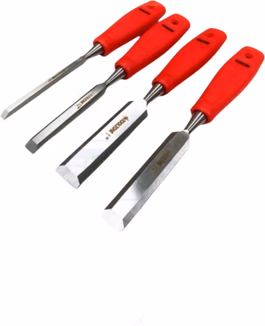 Dunnet Tools 4-Piece Wood Chisel Set with Red Plastic Handles in Silver