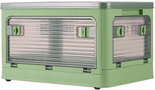 H&O Direct Collapsible Plastic Storage Bins with Wheels, Green and Transparent – 1