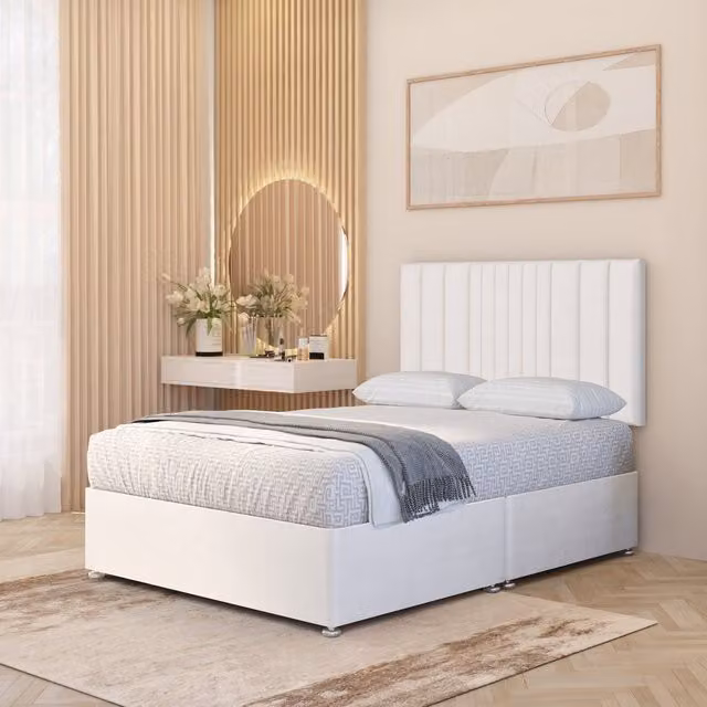 Somnior Beds Ltd Arizona Plush Velvet Orthopaedic Divan Bed Set with Hybrid Mattress and 32 inch Headboard, White, Single