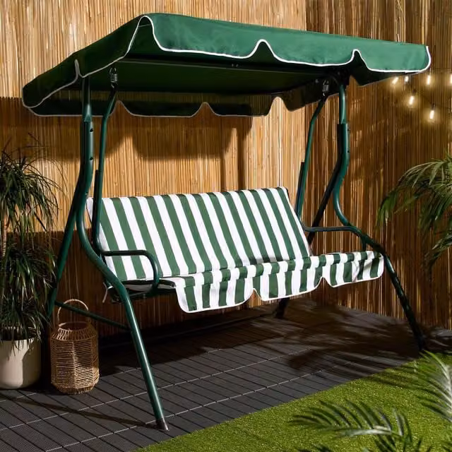 OHS 3 Seater Hanging Garden Swing Chair with Sun Canopy and Armrests in Green