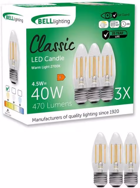 BELL Lighting E27 Dimmable LED Filament Candle Bulb, Warm White, Pack of 3 – 1