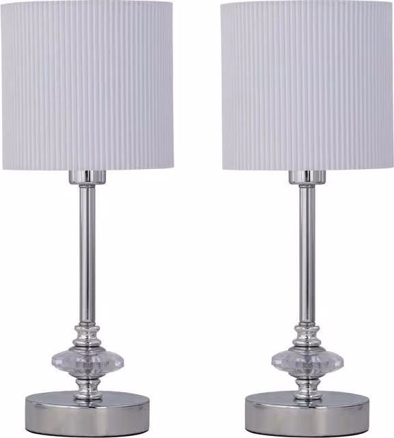 First Choice Lighting Set of 2 Chrome Jewelled Table Lamps with White Fabric Pleat Shades in Silver – 1