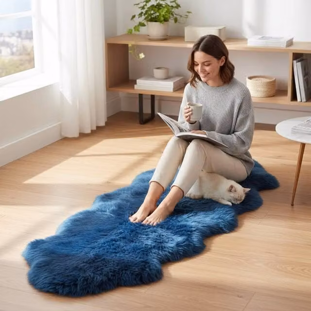 Infinity Leather Blue Real Sheepskin Wool Rug, W: 180 cm, D: 60 cm