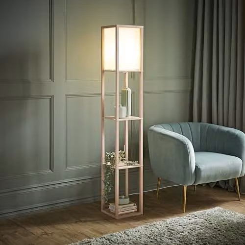 ValueLights Struttura Square Wood Shelving Floor Lamp with Fabric Shade in Baby Pink, H 160 x W 26 x D 26 cm – 2