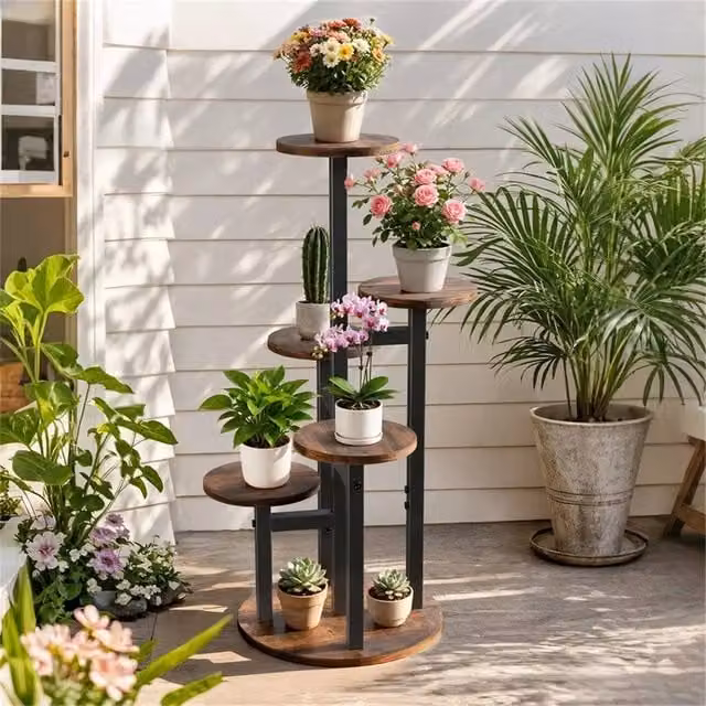 EONLION 6 Tier Industrial Round Plant Stand in Brown and Black Metal and MDF