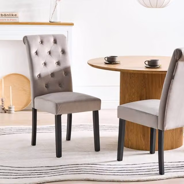 Wyld and Coco Set of 2 Grey Velvet Dining Chairs with Black Pine Legs – 1