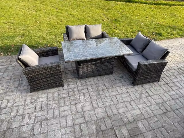 Fimous 4-Piece Rattan Outdoor Garden Furniture Sofa Set with Height Adjustable Rising Table in Dark Grey