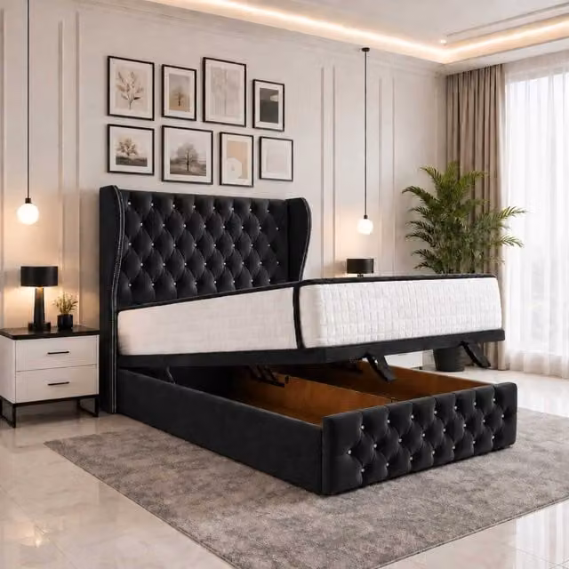Luvessa Modern Upholstered Ottoman Storage Bed with Wingback Headboard in Black Fabric