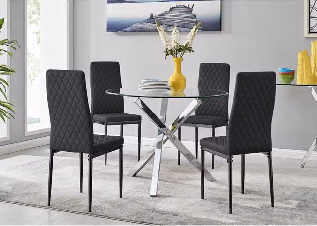 FurnitureboxUK Selina Round Glass Kitchen Dining Table and 4 Milan Black Leg Chairs - Black