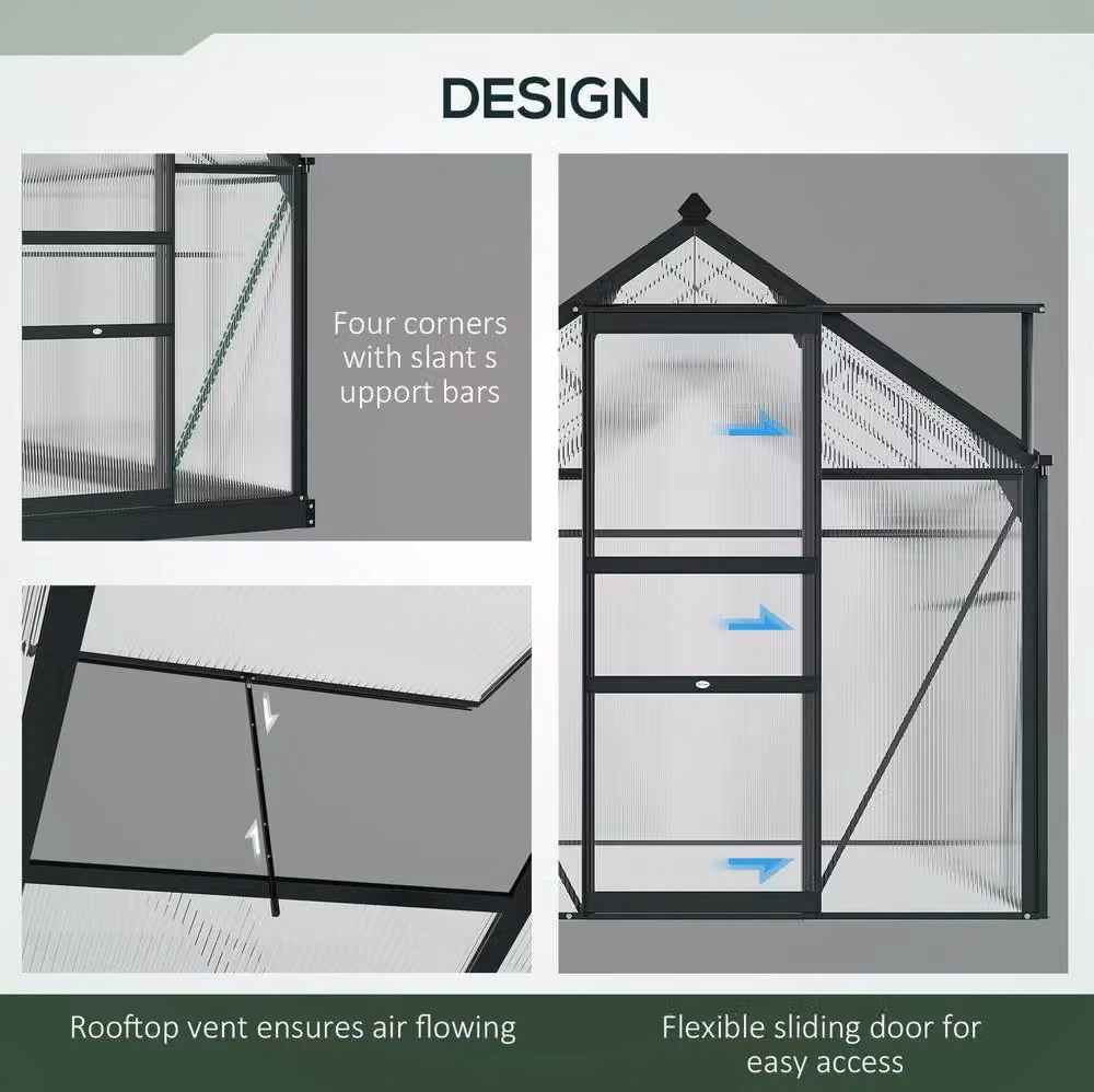 STILVORA Grey Aluminium Polycarbonate Greenhouse with Sliding Door, Window and Rain Gutter, W/D/H: 182.88 x 182.88 x 190 cm – 5