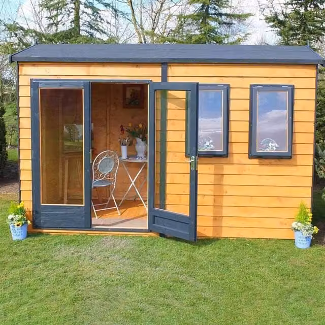Shires Brown Wooden Garden Summerhouse with Double Doors and Two Opening Windows, W: 365.7 cm x D: 223.0 cm x H: 255.3 cm