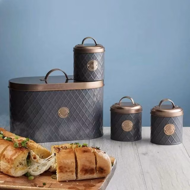 KORVIXA Grey and Copper Stainless Steel Airtight Kitchen Bread Bin Lid and Canister Set – 1