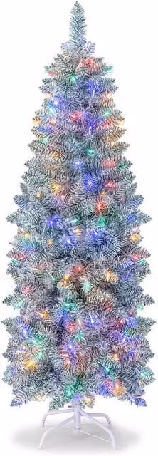 Gymax 5ft Slim Pre-Lit Artificial Christmas Tree with 343 Tips and 190 Colourful LED Lights in Green – 1