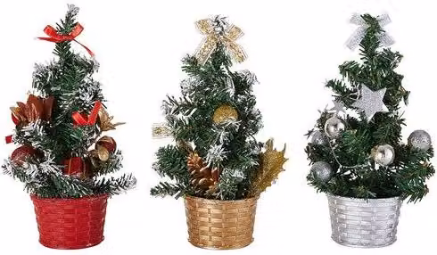 Living and Home 3-Piece Green and Multicolour Mini Christmas Tree Set with Tree Collar, 20 cm Height