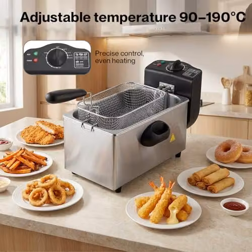 Spector 3L Deep Fat Fryer, 2000W Stainless Steel Electric Chip Fryer in Silver with Adjustable Temperature 90-190°C and Removable Non-Stick Bowl – 3