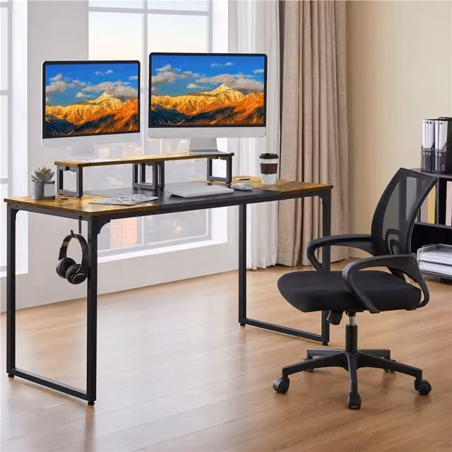 Yaheetech Large Computer Desk with 2 Movable Monitor Stands in Rustic Brown