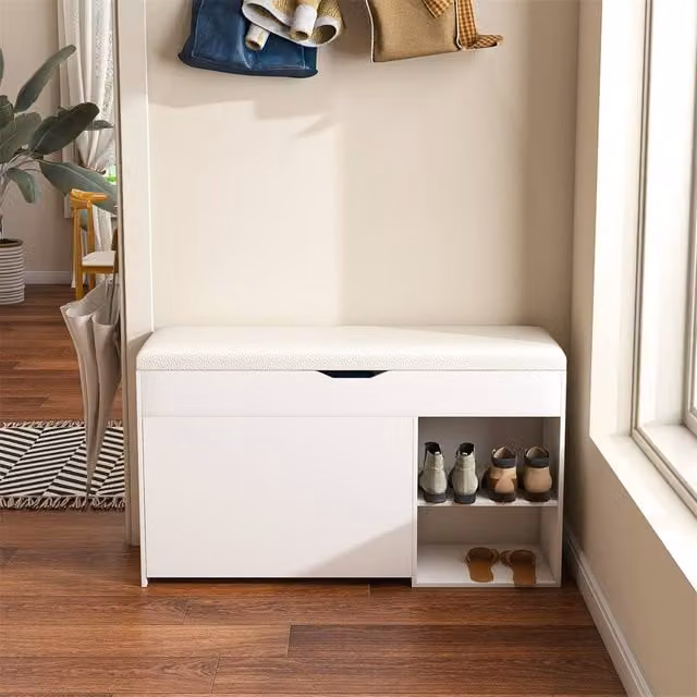 Direct Wicker White 3-Tier Rattan Entryway Bench with Shoe Storage and Flip-Up Drawers