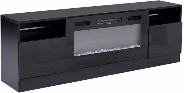 FORGEVIO Black High Gloss 70 inch Modern TV Stand Unit Cabinet with Integrated Electric Fireplace and Lighting
