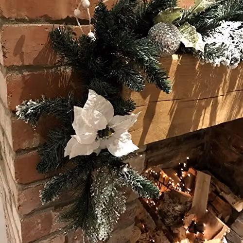 Premier White Poinsettia Christmas Garland with Silver Baubles and Glitter Snow Flocking – 2