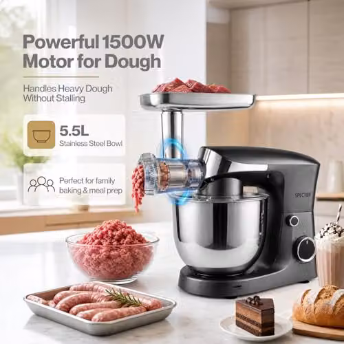 Spector 1500W Stand Mixer with 5.5L Bowl and Meat Grinder in Silver – 6