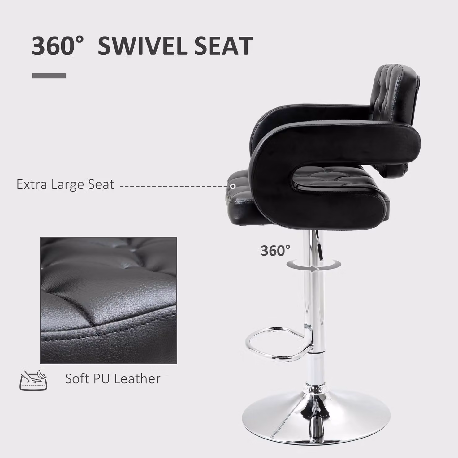 HOMCOM Adjustable Height Black PU Leather and Steel Bistro Barstool with 360 Degree Swivel – 4