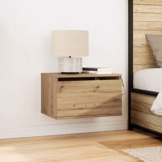 Berkfield Home Wall-Mounted Artisan Oak Bedside Cabinet with Integrated LED Lighting, Brown, W: 50 cm, D: 36 cm, H: 30 cm