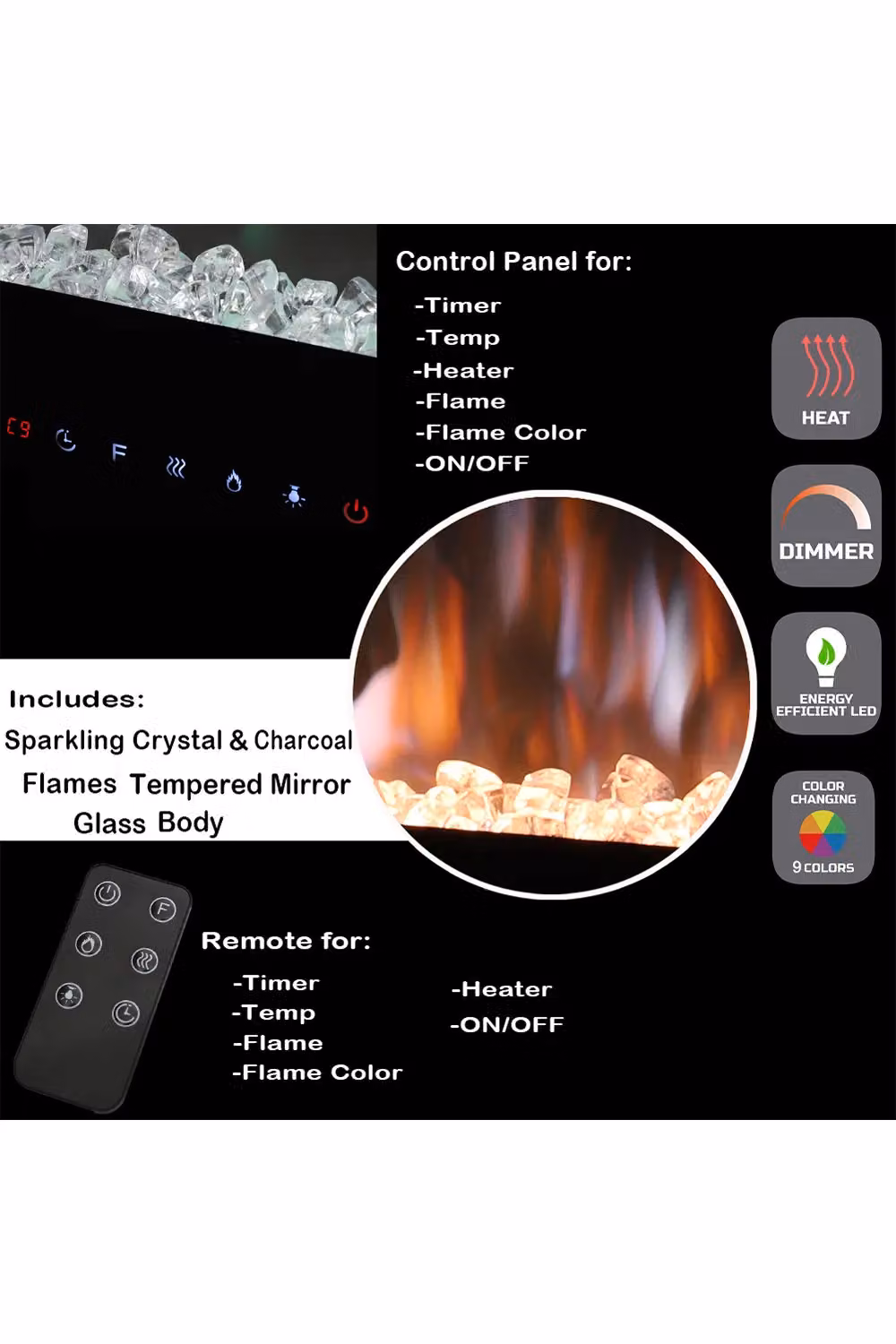 Living and Home 40 Inch Black Recessed and Wall Mounted Electric Fireplace with Remote – 5